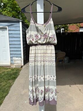 Vintage Boho Lightweight Floral Cream and Mauve Midi Dress
